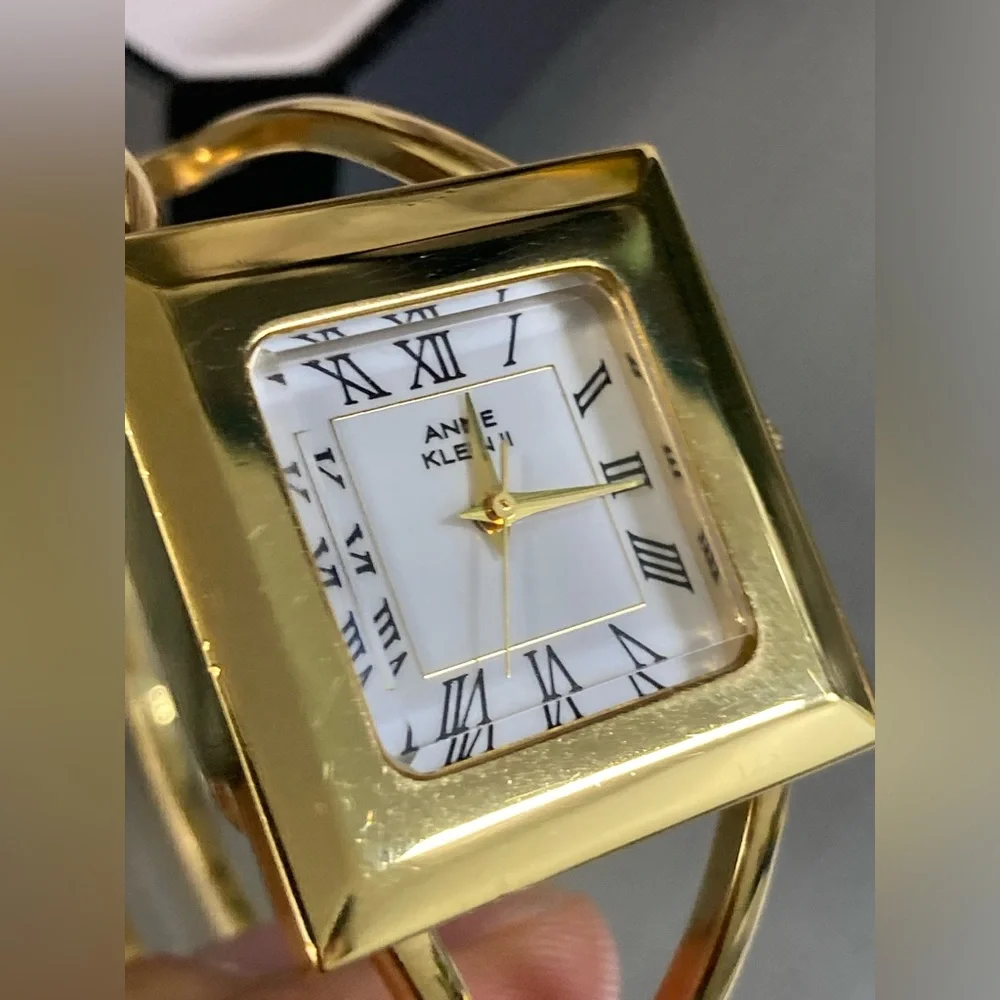 Anne Klein II quartz gold tone watch, square case, new battery, with box